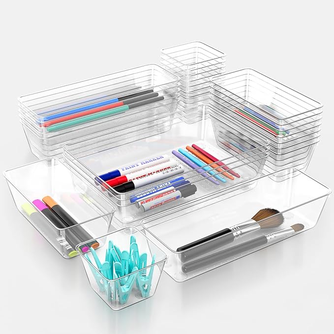 12 Piece Clear Drawer Organizer Set, 3 Sizes Bathroom Vanity Organizer Trays and Storage Bins for Makeup, Cosmetics, Jewelry, and Gadgets. Perfect for Office, Kitchen, Bedroom, Bathroom Use.