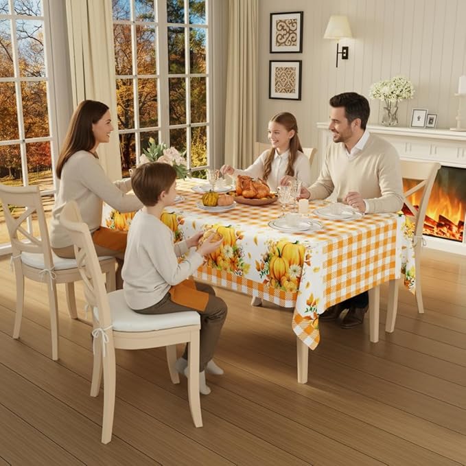 Smiry 6 Pack Gingham Disposable Table Cloth, 54 x 108 Inch Waterproof Plastic Tablecloth, Rectangle Orange Checkered Pumpkin Table Covers for Thanksgiving, Harvest, Birthday, Party