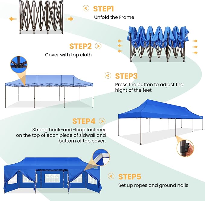 COBIZI 10x30 Pop Up Heavy Duty Canopy with 8 Sidewalls and Hexagonal Legs, Easy up Tent for Party, Wedding and Commercial, Outdoor Canopy with Carry Bag, Waterproof & UPF50+ (Blue)