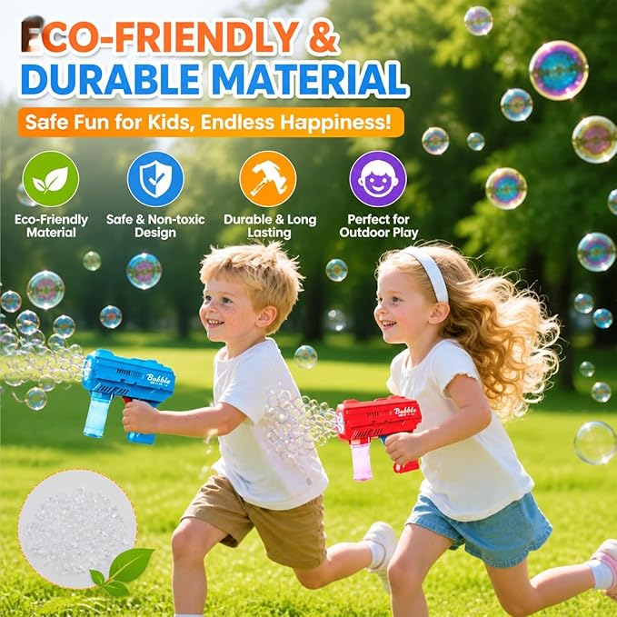 Kids Automatic Bubble Gun LED Light & Refill Solution – Leakproof Bubble Blaster, Outdoor Toys Toddlers 3-8, Birthday Gift, Easter Stuffer, Wedding & Party Supplies (Blue)