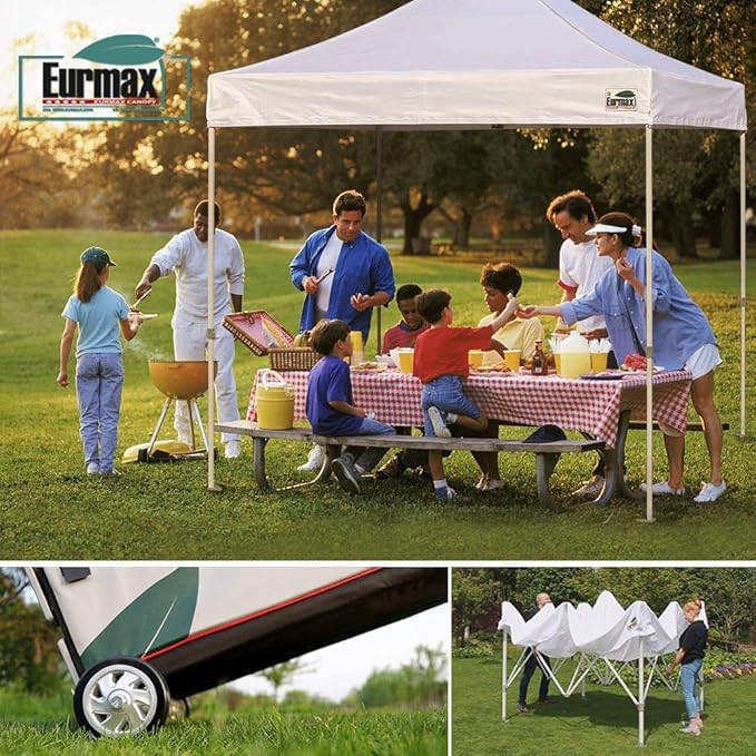 Eurmax USA 8x12ft Pop Up Canopy, Commercial Instant Tent for Outdoor Events, Patented No-Tip Rolling Storage Bag with 4 Sandbags, UV & Water Resistant, Heavy Duty Portable Shelter Gazebo,White