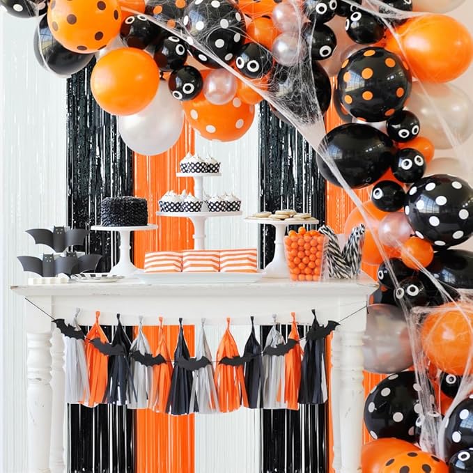 3 Pack Tinsel Curtain Party Streamers Backdrop Halloween, Door Streamers Fringe Foil Curtain Backdrop Curtain for Halloween Party Decoration, White Black Orange (3.28 ft x 6.56 ft)