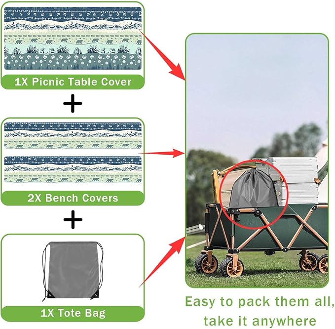 Picnic Table Cover with Bench Covers and Bag, Camping Essentials, Bohemian Waterproof Windproof Camping Tablecloth, Fitted Tablecloth Cover with Elastic Edge, for Garden & Outdoor, 3 PCS, 30x60 Inch