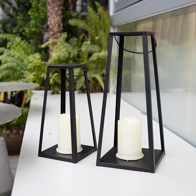 HPC Decor 2PCS Solar Lanterns for Outdoor Decor-20in 15.6in Black Metal Candle Lanterns w/ Waterproof Solar Powered Candles- Modern Farmhouse Hanging Decor for Front Porch,Yard Garden Patio
