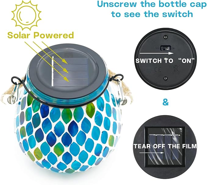 2 Pack Mosaic Blue & Red Solar Lanterns, Outdoor Glass Hanging Lights, Waterproof, Solar Table Lamps, Christmas Gifts for Women Mom Grandma, Night Lights, Decoration for Garden, Patio, Outdoor Decor