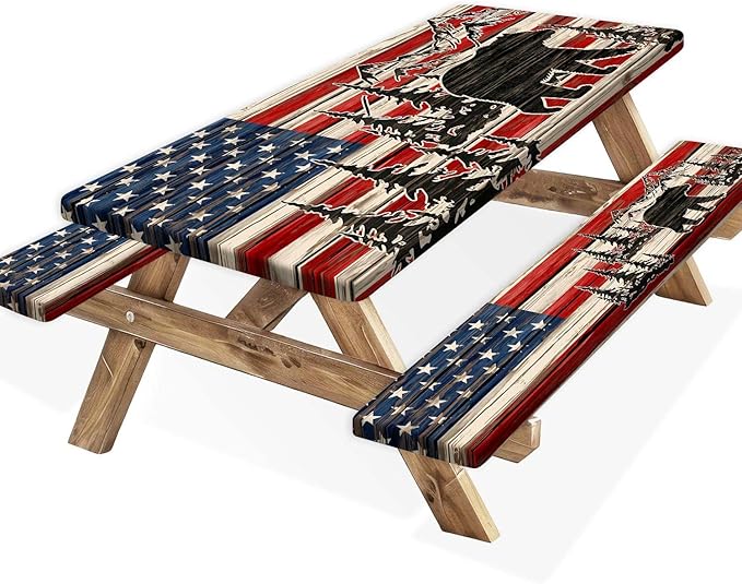 American Flag Camping Picnic Table Cover with Bench Covers, Wooden Camper RV Patriotic USA Flag Rustic Cabin Bear Tablecloth for Family Garden Party Decorations with Drawstring Bag, 30X72in