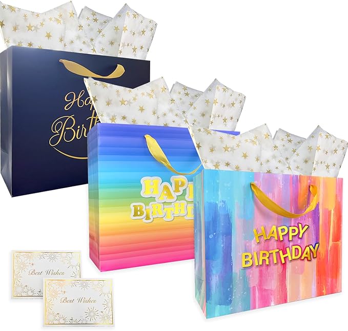 AMROSE 3 Pack Large 13’’ Birthday Gift Bags with Card and Tissue Paper, Recyclable Paper Gift Bag for Birthdays and More, Multicolors