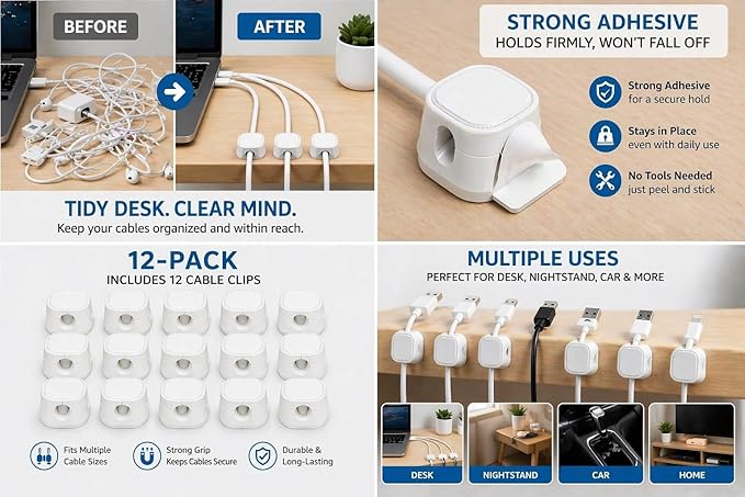 12-Pack Magnetic Cable Clips, Strong Adhesive Cord Holder for Desk, Nightstand, Car & Cable Management, White