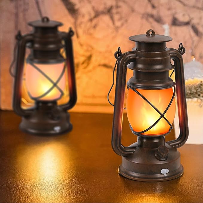 2 Pack Vintage Lantern Flickering Flame Rechargeable LED Retro Camping Lights 4 Modes Remote Control Battery Powered Outdoor Lamp Hanging Lanterns