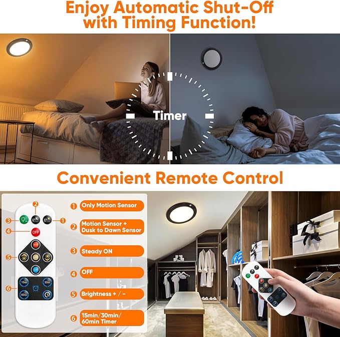 Rechargeable Motion Sensor Ceiling Lights with Remote, Battery Operated Ceiling Lights No Wiring, Wireless LED Ceiling Lights, 3 Colors Dimmable Overhead Lamps for Closet Shower Pantry Hallway, Black