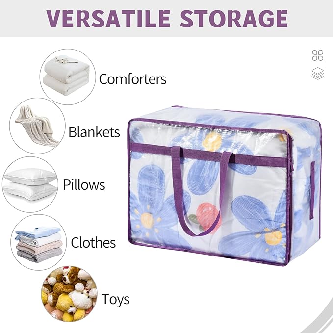 20 Gallon Large Clear Blanket Storage Bags for Bedding with Zipper Handles, 76L Oversized Comforter Storage Bag King Size, Folding Plastic Bedding Storage for Clothes, Bed Sheet, Pillow, Toys, 6Pack