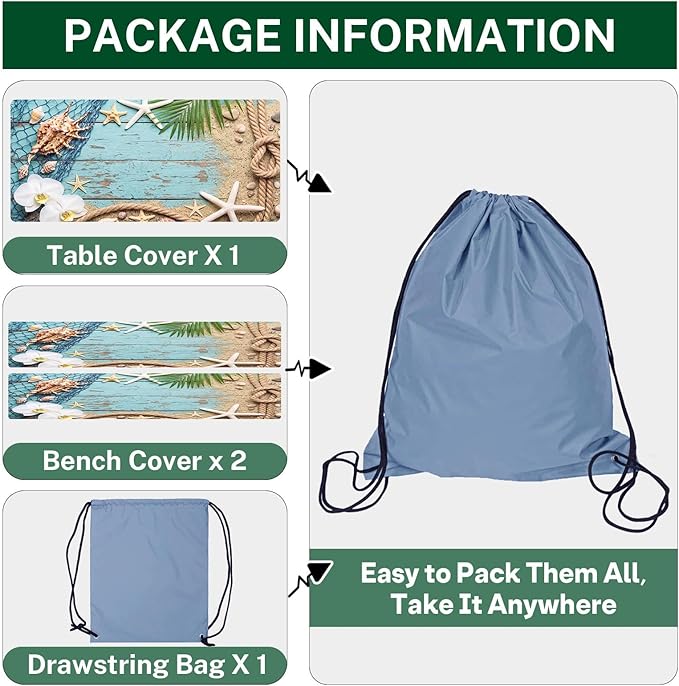 Picnic Table Cover with Bench Covers Elastic Edges, Beach Ocean Fitted Table Cover, Outdoor Patio Camping Essentials 72 Inch 3PCS, Waterproof Camping Fitted Tablecloth with Drawstring Bag