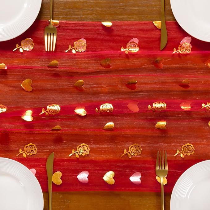 Socomi Valentine's Day Rose & Heart Table Runner Gold Gauze Sheer Romantic Sequin 10FT Glitter Metallic Foil Dining Wedding Birthday Party Baby Shower Holiday Centerpiece Table Decor 3pcs Red