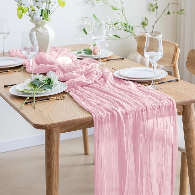 Asee'm Cheesecloth Table Runner Spring Easter 120 Inches Blushing Pink Boho Gauze Cheese Cloth Runner 10FT Rustic Sheer Table Runners for Wedding Baby Shower Holiday Party Decoration