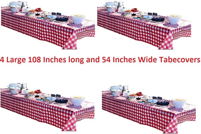 Oojami 4 Pack Disposable Plastic Tablecloths, 54 x 108 Inch Waterproof Red and White Checkered Gingham Buffalo Plaid Table Covers, Rectangle Picnic Tablecloth for Birthday, BBQ, Party, Outdoor Events
