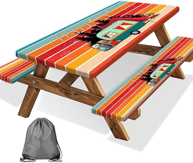JAWO 96in Picnic Table Cover with Bench Covers, Camping Essentials Water Resistant Windproof Picnic Table Cloth,Fitted Tablecloth Cover with Elastic Edge for Indoor Outdoor, Camper Fitted Table Cover