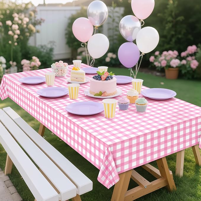 1 Pack Pink Striped Gingham Tablecloths, 54 x 108 Inch Disposable Plastic Rectangle Table Covers, Waterproof Pink and White Checkered Pink Table Cloths for Picnic, Birthday, Party, Outdoor Events