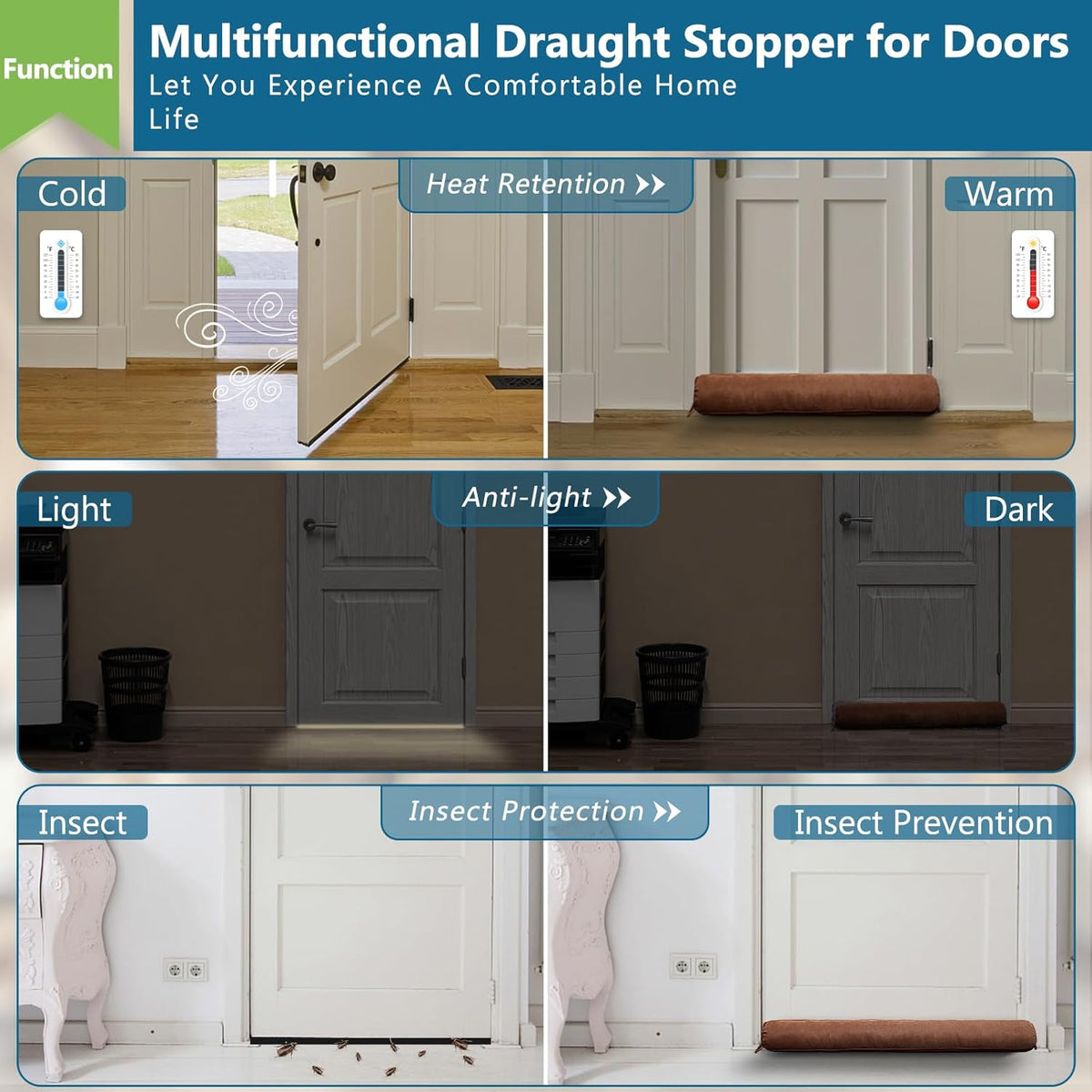 Triangle Under Door Draft Stopper 32 inch Weighted Draft Blocker Bottom Seal Noise Air Guard for Doors and Windows, Brown