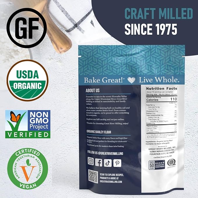 Great River Milling Organic Barley Flour, Unbleached, Unbromated, Non-GMO, Kosher, High Fiber, Nutty Flavor Perfect for Breads, Pancakes, & More, 5 Lb
