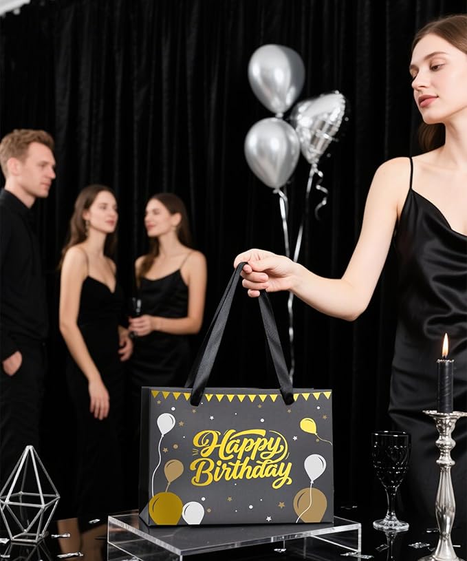 Black Birthday Gift Bag for Men – 12.5 Inch Medium Size with Tissue Paper and Greeting Card – Perfect for Boyfriend, Husband or Dad (1 Piece, Foil Stamping)