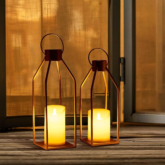 HPC Decor Modern Farmhouse Lantern Decor - 2PCS Gold Metal Candle Lanterns with Waterproof Flickering Candle & Remote Timer, Lanterns Decorative for Living Room, Home, Indoor, Outdoor, Table Decor.