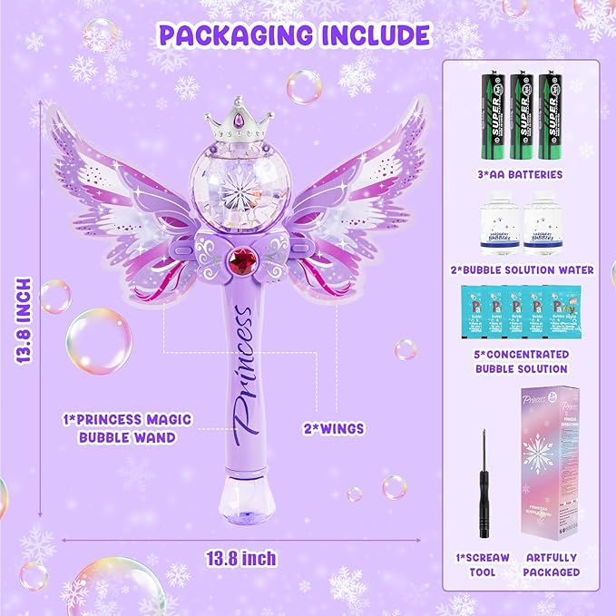 Princess Bubble Wands for Kids Girls,Music & Light Up Bubble Machine,Bubble Blower,Outdoor Party Birthday Bubble Toys for Toddlers,Gift for Girls Age 3 4 5 6 7 8 Years Old.(Purple)