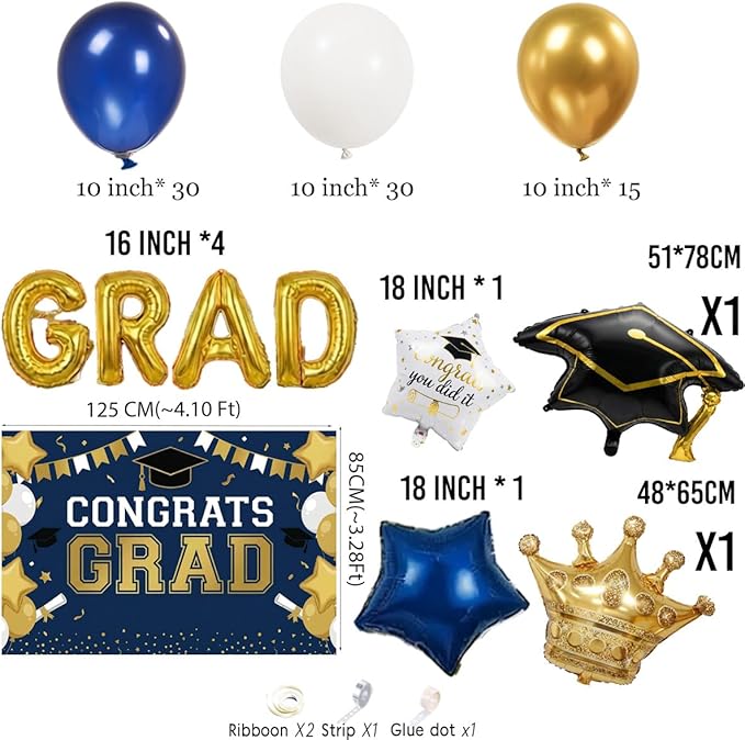 Navy blue White Gold Balloon Garland Arch Kit with backdrop Stars Graduation Cap crown GRAD Letters Mylar Balloons for 2026 graduate Prom Decorations