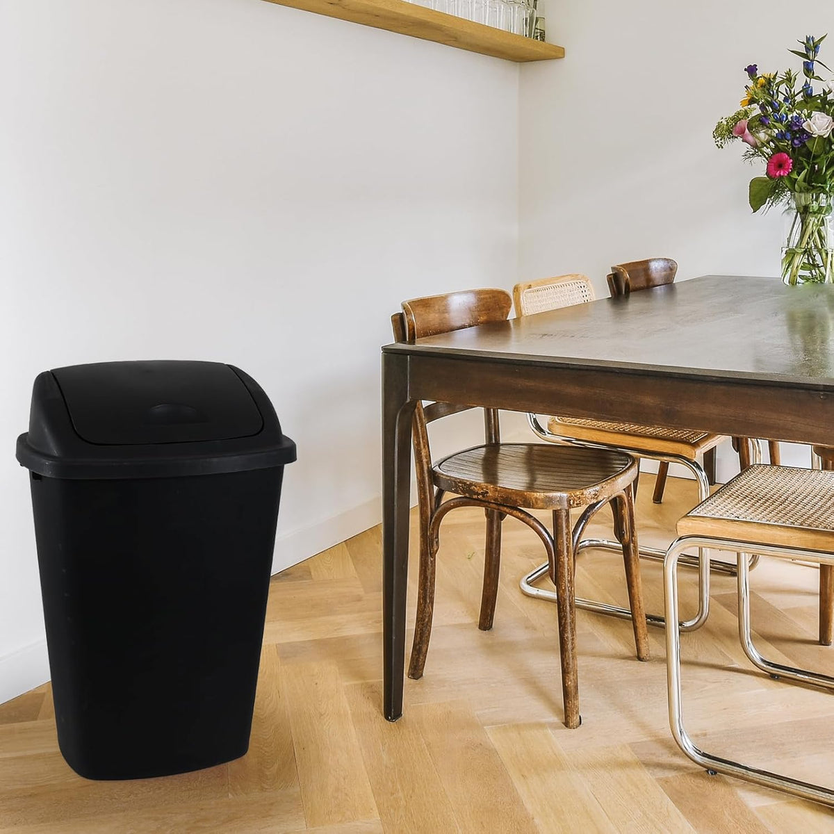 13 Gallon Swing Top Lid Garbage Cans, Large Plastic Kitchen Trash Can Set of 4, Black