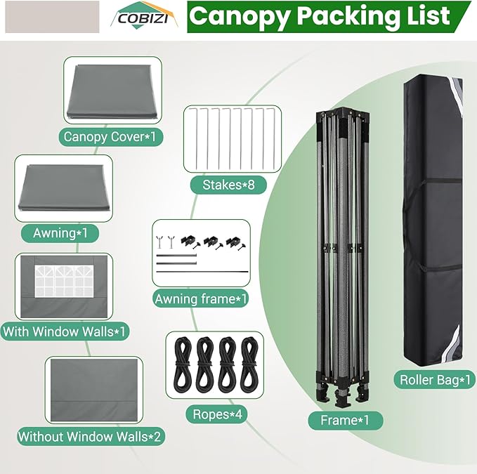 COBIZI 10x10 Pop Up Canopy Tent Heavy Duty with Sidewalls, Outdoor Commercial Canopy with Awning, Waterproof&23 SF Extended Awning, Vendor Tent for Market, Party Events, Grey