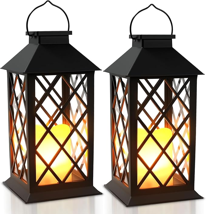 Solar Lanterns Outdoor Waterproof - 2 Pack 14" Large Hanging Solar Lantern with Glass Flickering Flame, IP65 Weatherproof Decorative Lanterns for Garden, Patio, Yard, Porch, Balcony, Gifts Mom Wife