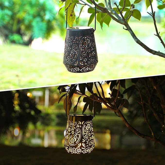 Solar Lanterns Outdoor Waterproof Hanging Solar Lantern, Retro LED Solar Powered Lantern Lights with Handle for Patio Garden Yard Pathway Lawn Porch Decor 2 Pack (Black)