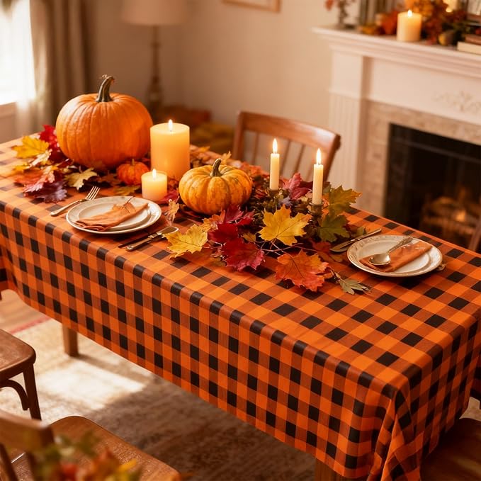 Remagr 3 Pcs Black and Orange Checkered Table Cloth 54 x 108 Inch Disposable Buffalo Plaid Plastic Table Cloth Waterproof Rectangle Gingham Tablecover for Picnic, Dining, Birthday Party Decor