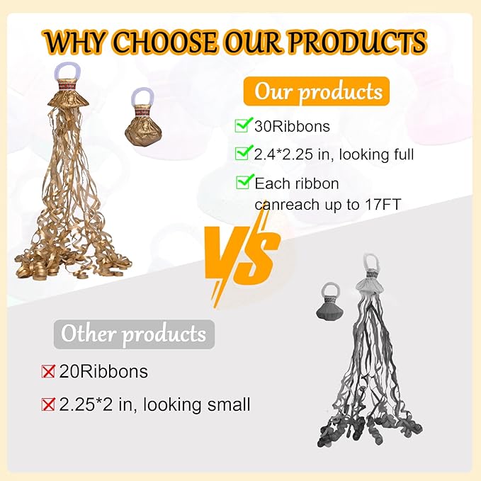 12 Pack Golden Streamer Poppers, No Mess Confetti Poppers,Party Poppers No Mess Streamers Easy to Clean Handheld Streamer Cannon,Ideal for Celebrations and Events