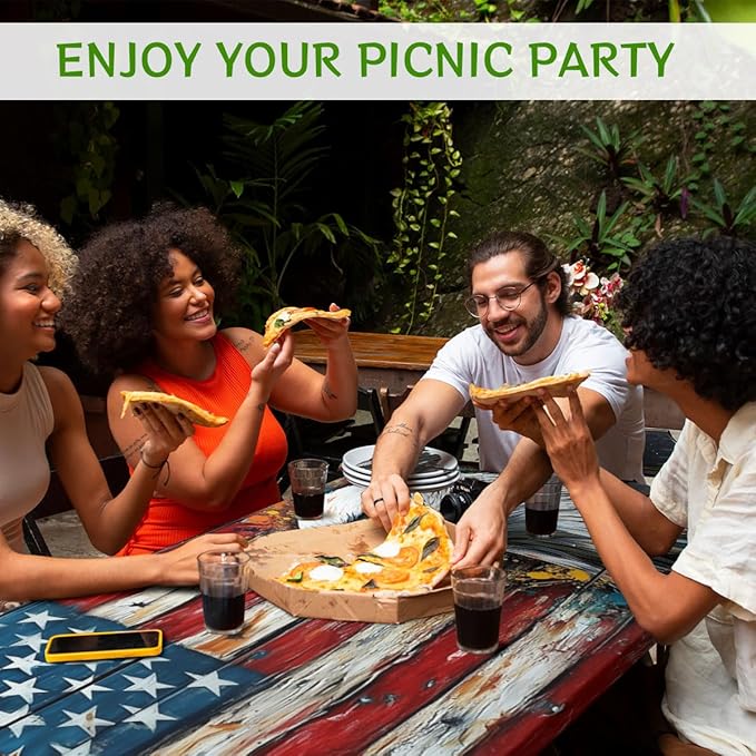 American Flag Picnic Table Cover with Bench Covers and Carrying Bag, Wood Grain USA Flag Art Eagle Outdoor Camping Essentials 6FT 4PCS Fitted Rectangle RV Must Haves Tablecloth