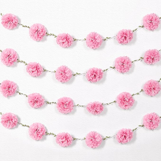 Pink Tissue Paper Flowers Pom Pom Spring Garland (2PCS) Hanging Decor Pink Party Decorations for Women Girls Birthday Bachelorette Baby Shower Wedding Party Supplies