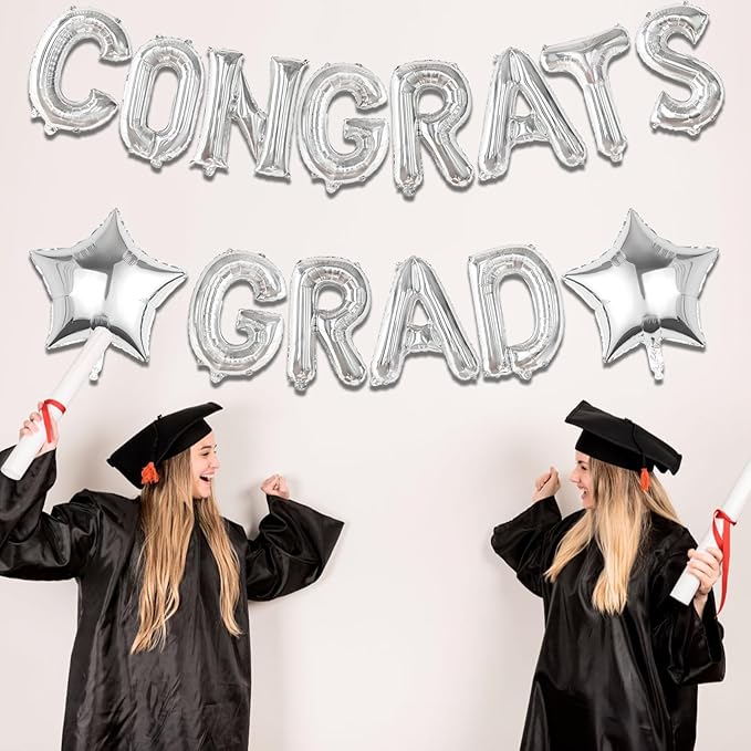 16 Inch Silver Congrats Grad Banner Balloons Congrats Grad Letters Balloons Graduation Decorations 2026 for Graduation Celebration Party Supplies
