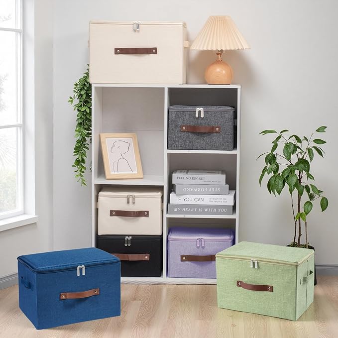 Storage Bins with Zipper Lid and PU Leather Handle 3 Pack Cotton Linen Fabric Lidded Storage Boxes Baskets Washable Collapsible Shelf Closet Organizer Container(Updated Gray, Large Size)