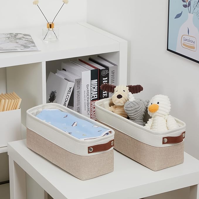 DULLEMELO 2-Pack Bathroom Baskets for Toilet, Small Storage Bins for Organizing Closets, Cabinets, Shelves, Canvas Fabric Storage Basket Bins With Leather Handles for Empty Gift Basket (White&Khaki)