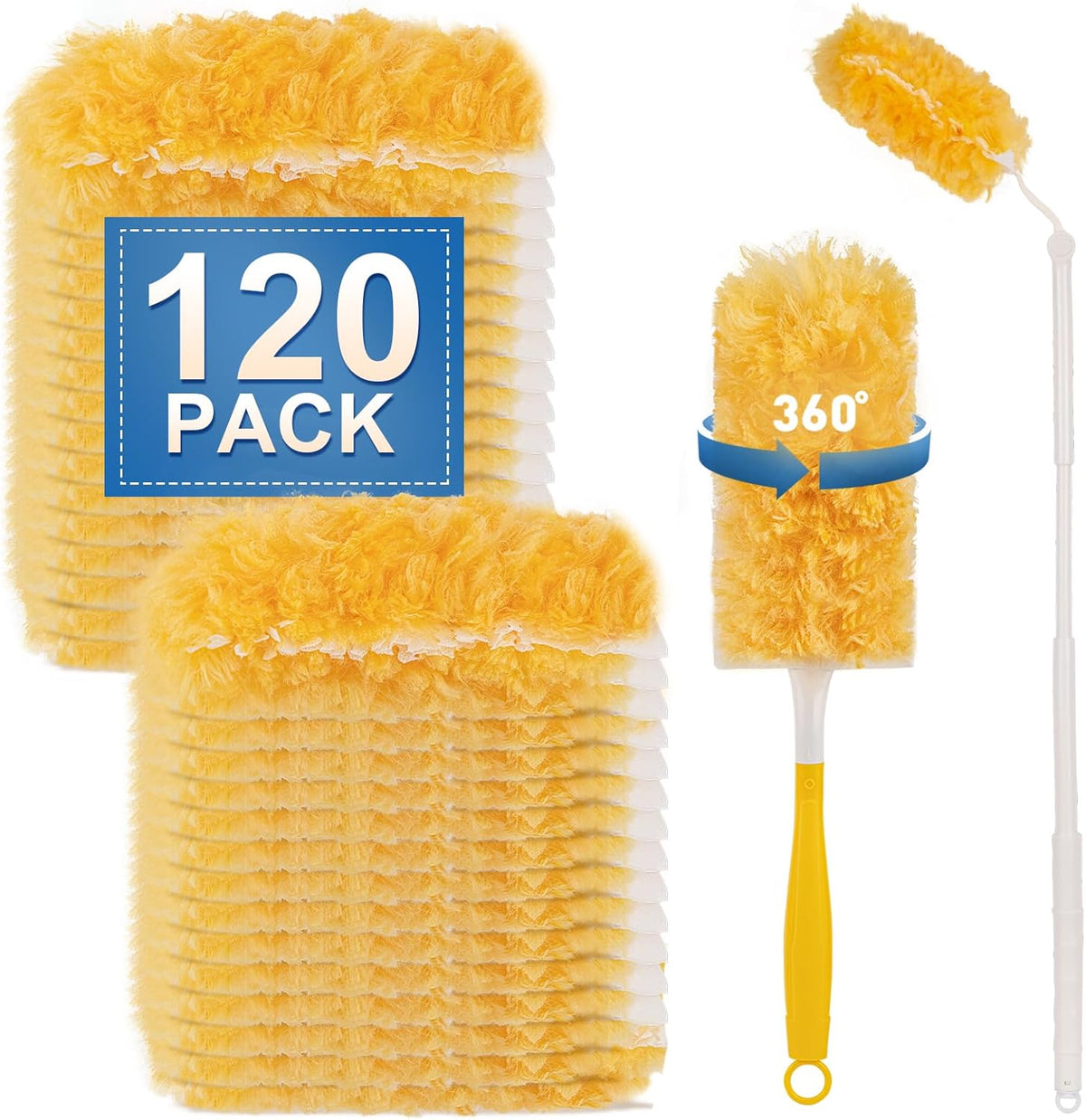 Heavy Duty Duster Refills, Disposable Dusters Kit for Cleaning Dusting Furniture Blind Ceiling Fan, Multi Surface 360 Feather Duster(120)+3FT Extended Handle +1 Handle