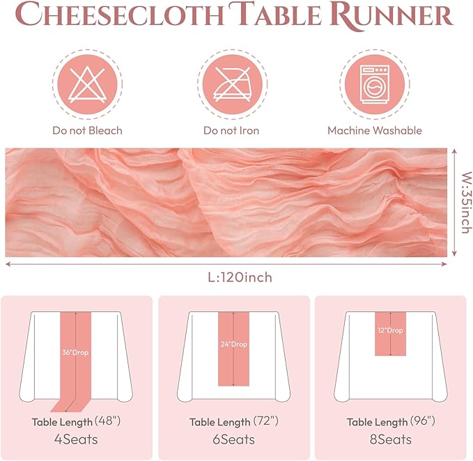 Sioloc 5 Pack Peach Coral Cheesecloth Table Runner 120'' x 35'',Spring Easter Decor Soft Gauze Boho Wedding Table Decor for 10ft Table Birthday Party,Baby Shower, Bridal Shower, Home & Event Decor