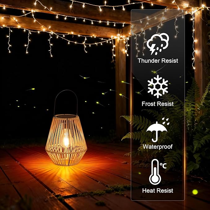2 Pack Rattan Solar Lanterns Outdoor Waterproof, Boho Solar Lights, Outdoor Garden Lights, Hanging Lanterns Decorative Birthday Gifts for Mom Grandma, Outdoor Lanterns for Porch, Patio