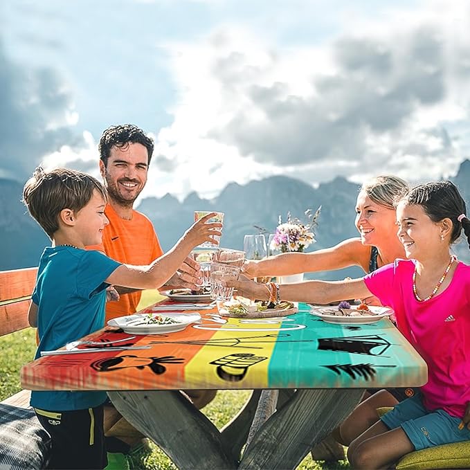 Picnic Table Cover with Bench Covers Elastic Edges, Rainbow Wood Camper Fitted Table Cover, Outdoor Patio Camping Essentials 72 Inch 3PCS, Waterproof Camping Fitted Tablecloth with Drawstring Bag