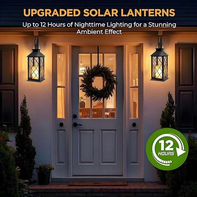 Yowin Solar Lanterns Outdoor Waterproof 2 Pack 14" Large Tempered Glass Hanging Solar Lantern with Flameless Candle, Garden Gifts, Wall Lamp for Backyard Porch Patio Lawn Vintage Decorations - Black