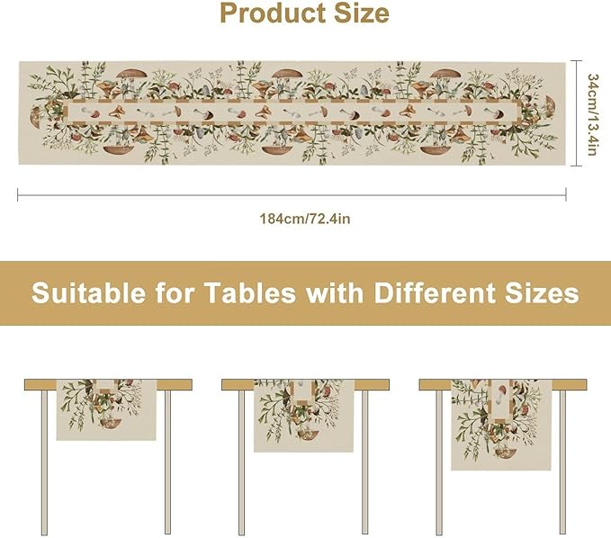 Wild Mushroom Table Runner, Retro Floral Plants Botanical Print Table Cover for Kitchen Dining Table Wedding Home Party Decor, 13x60inch