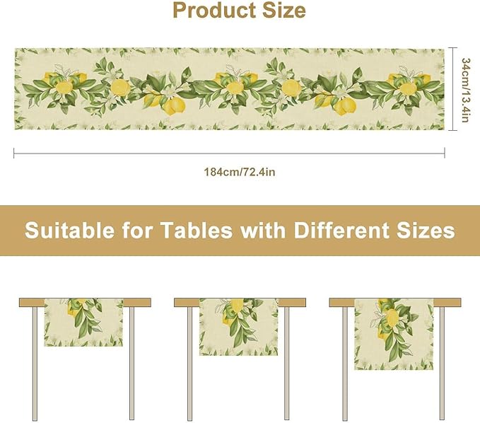 Summer Lemon Table Runner, Spring Blooming Lemon Tree Branches Bouquets Yellow Green Leaves Table Runner for Farmhouse Home Dining Kitchen Table Party Decor, 13x120inch