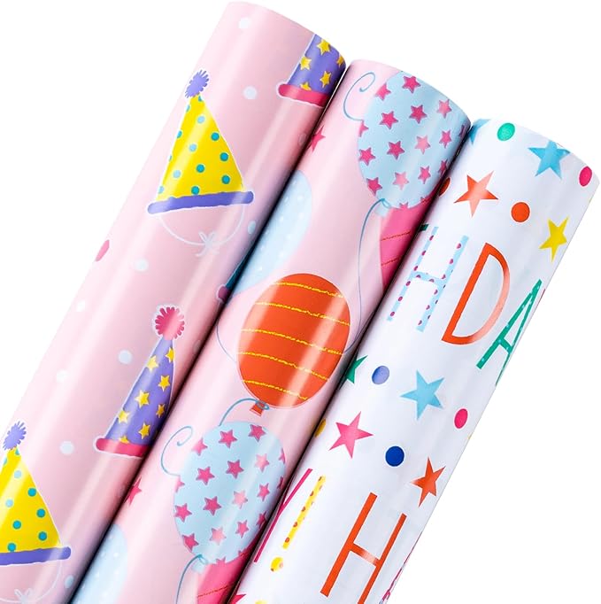 LeZakaa Birthday Wrapping Paper Roll - Mini Roll - Ice Cream/Ballon/ “Happy Birthday Lettering for Gift Wrap, DIY Craft - 17 x 120 inches - 3 Rolls (42.5 sq.ft.ttl.)