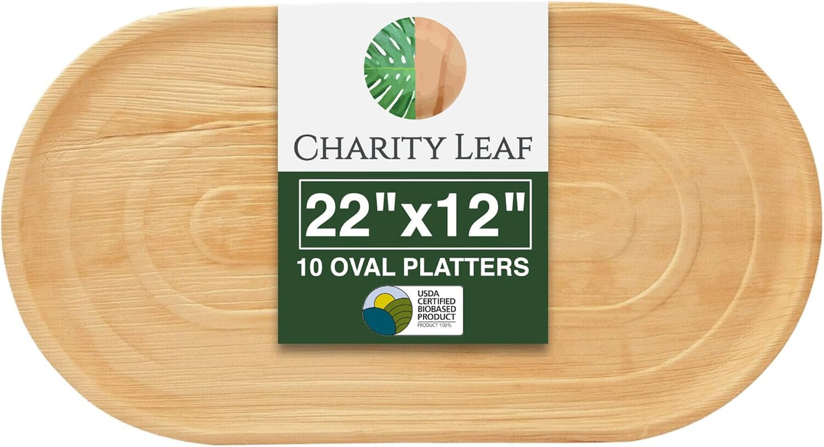 Charity Leaf 50-Pack 22"x12" Palm Leaf Trays, Eco-Friendly, Compostable Platters for Weddings, Charcuterie Boards & Events