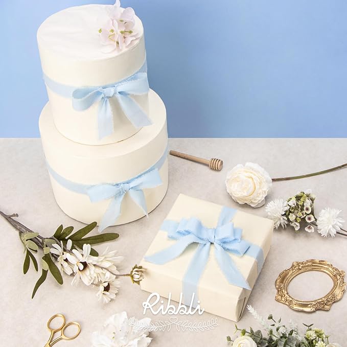 Ribbli 3 Rolls Light Blue Ribbon 1 Inch x 18 Yards Handmade Cotton Frayed Fringe Ribbons for Gift Wrapping Wedding Invites Bridal Bouquets Baby Shower DIY Crafts Home Decor