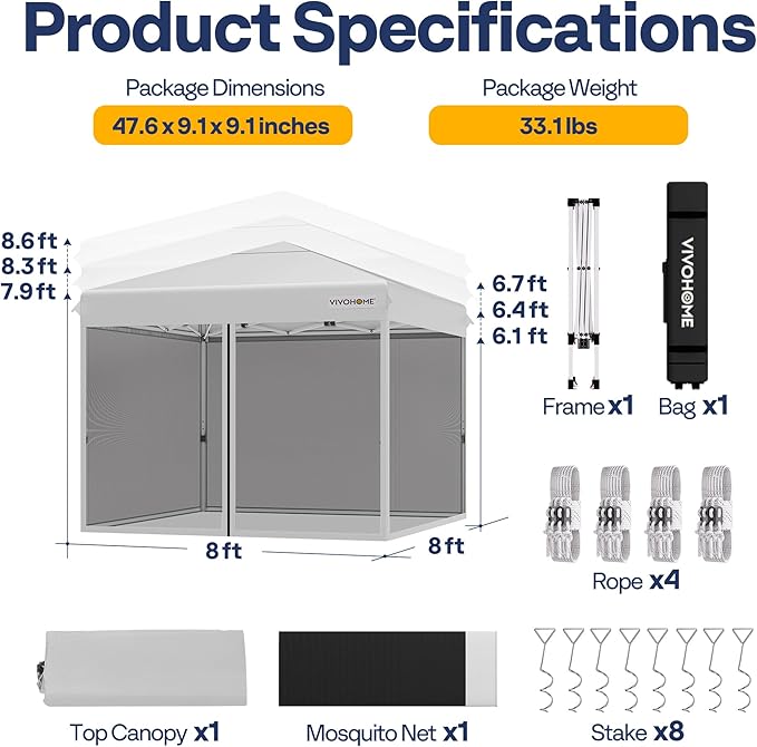 VIVOHOME 8x8ft Easy Pop-Up Canopy, Outdoor Screen Tent with Mosquito Netting, 2 Zipper Doors, and Roller Bag for Yard Camping Picnic Party Events, White