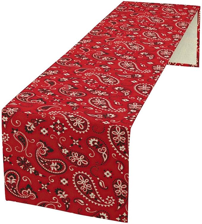 Red Paisley Table Runner, Rustic Damask Antique Floral Flower Retro Boho Swirled Pattern Vintage Coffee Table Center Decor for Family Kitchen and Living Room Outdoor Table Decorations, 13"x90"